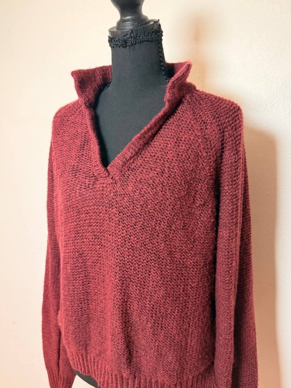 a.n.a Burgundy Chunky Knit Collared V-Neck Sweater Cozy Fall Style Large - Picture 2 of 6